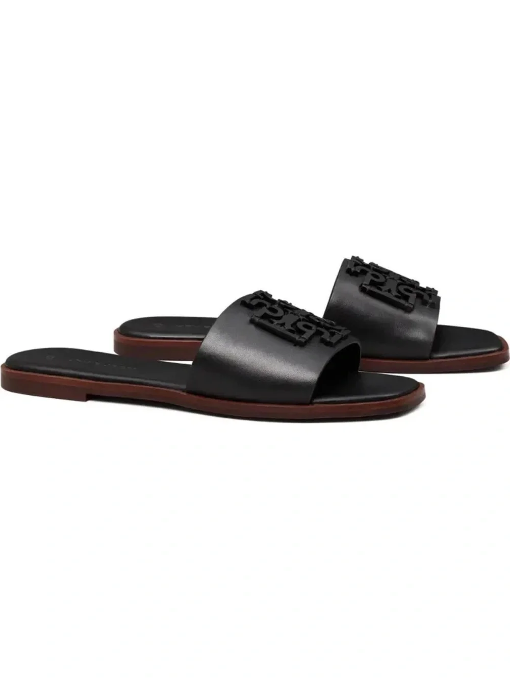 Tory Burch Ines Black Leather Slide Sandals with Logo Accent - Women